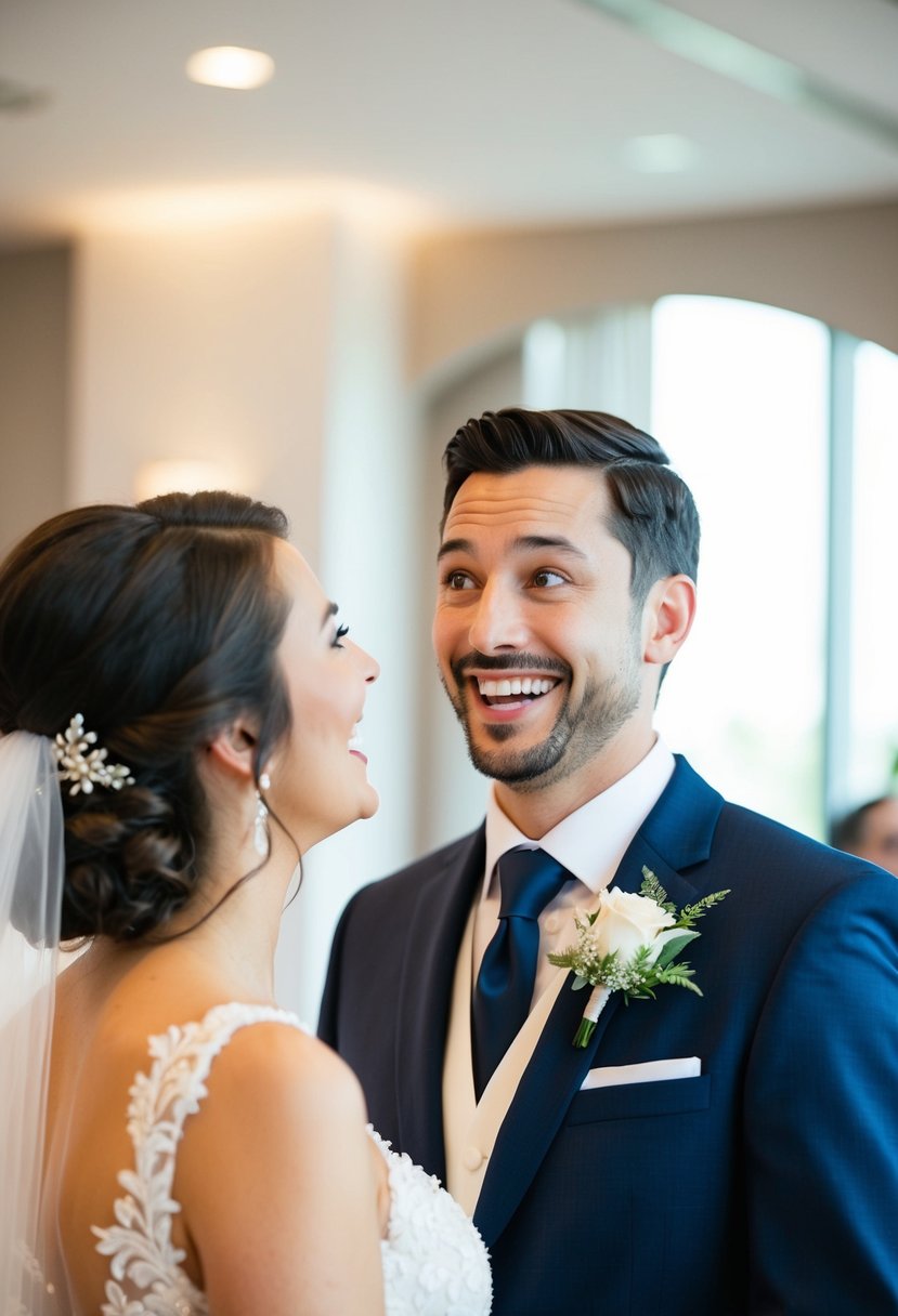 The groom's eyes widen with delight as he gazes at the bride's wedding photo ideas