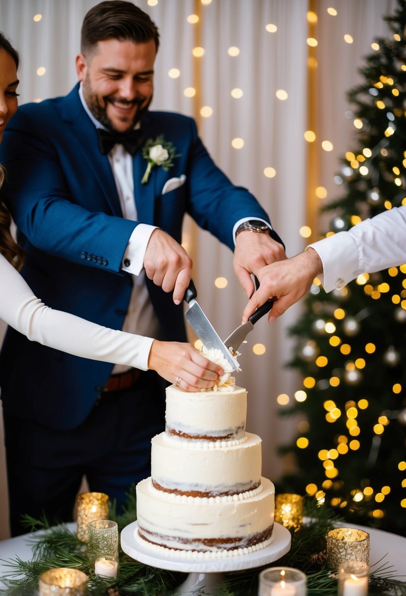 A couple's hands playfully cutting into a tiered wedding cake, surrounded by festive decor and twinkling lights