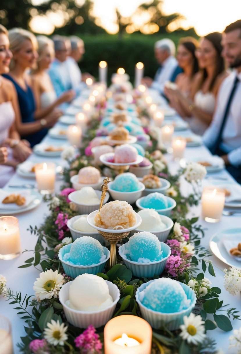 A table displays an array of frozen treats, surrounded by delicate flowers and soft candlelight, creating a romantic ambiance for summer wedding guests