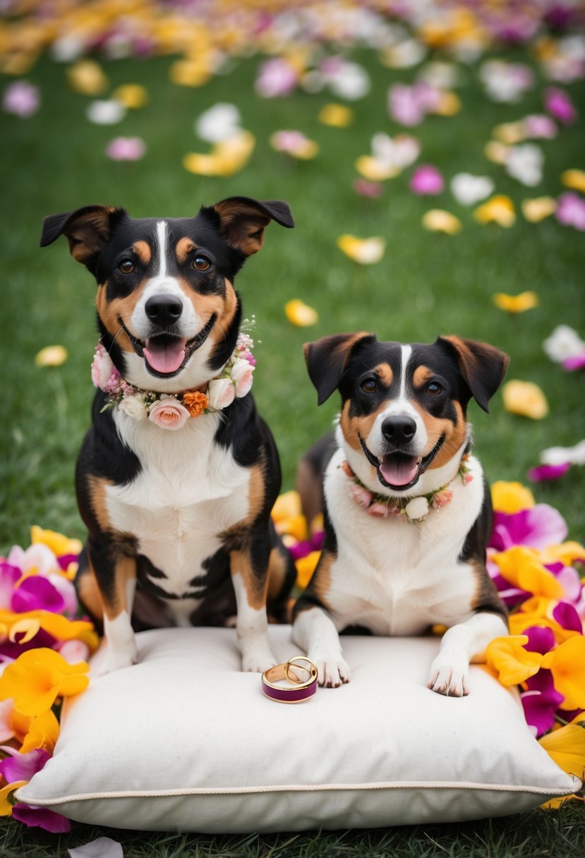 A dog wearing a floral collar sits beside a couple's wedding rings on a pillow, surrounded by colorful flower petals and a joyful atmosphere