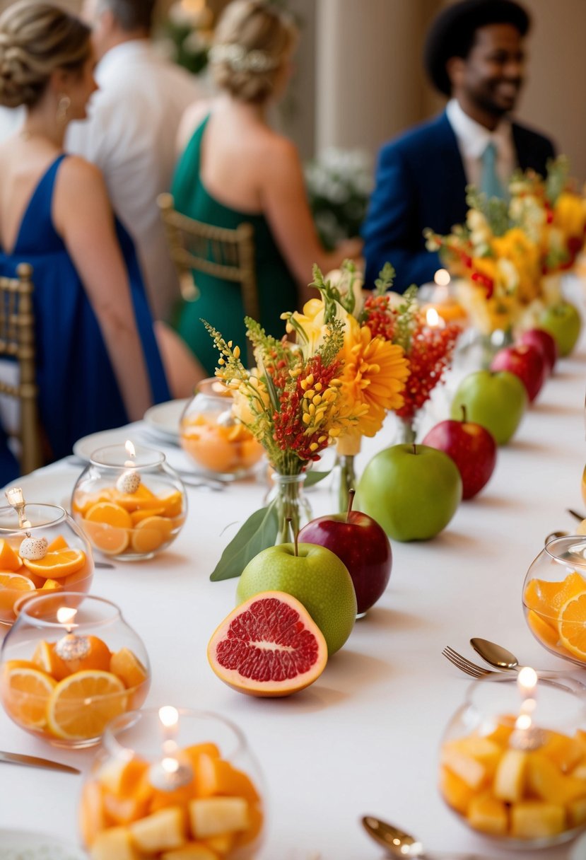 A table adorned with fruit-themed favors for wedding guests