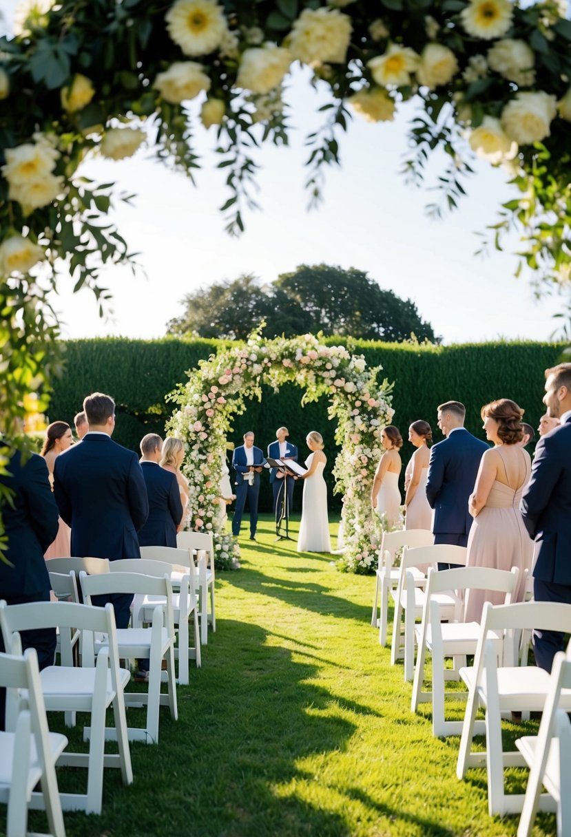 A flower-filled archway stands at the center of a sunlit garden, surrounded by rows of white chairs. A string quartet plays softly in the background as guests eagerly await the start of the ceremony