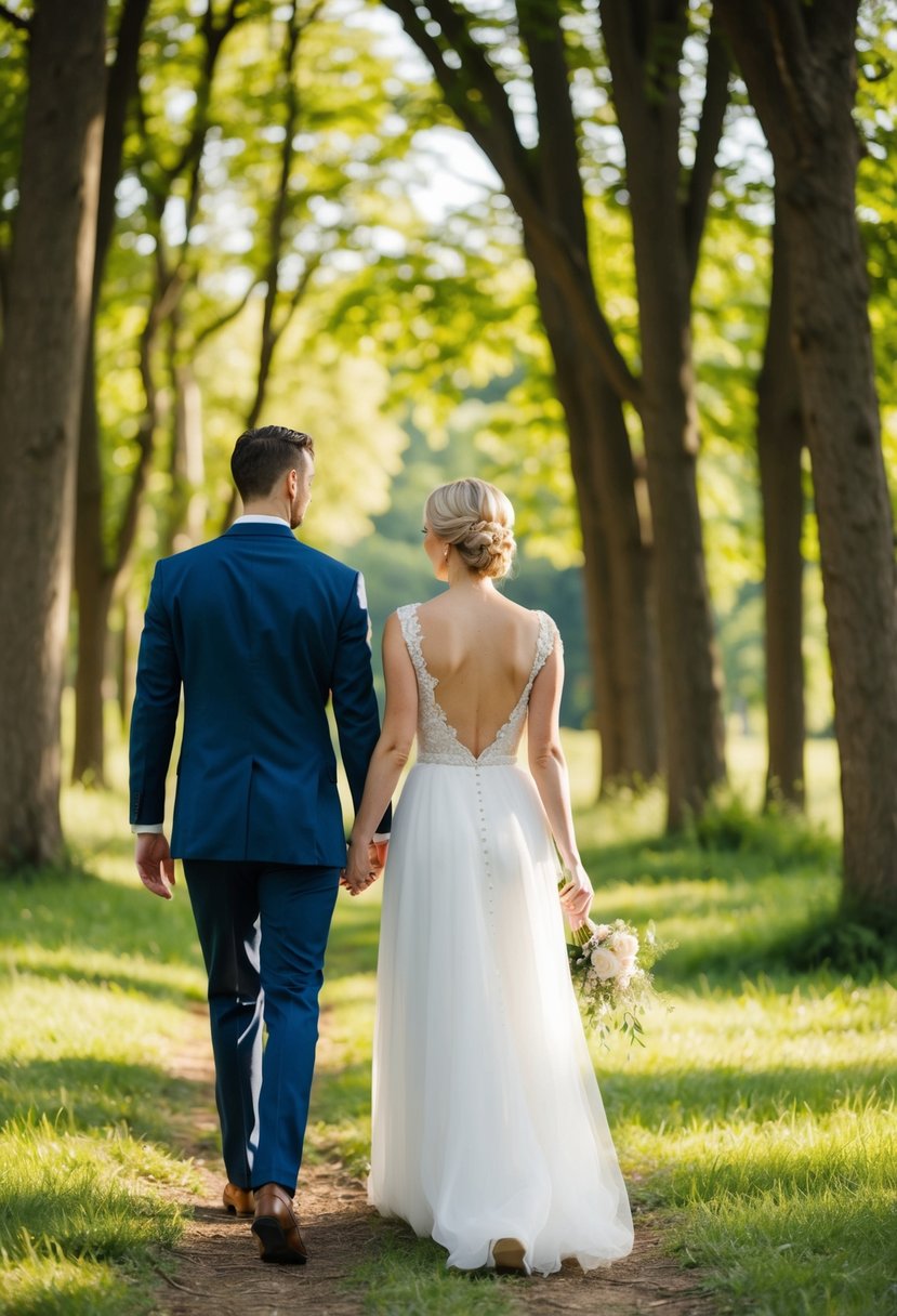 A bride and groom walk hand in hand through a sun-dappled forest