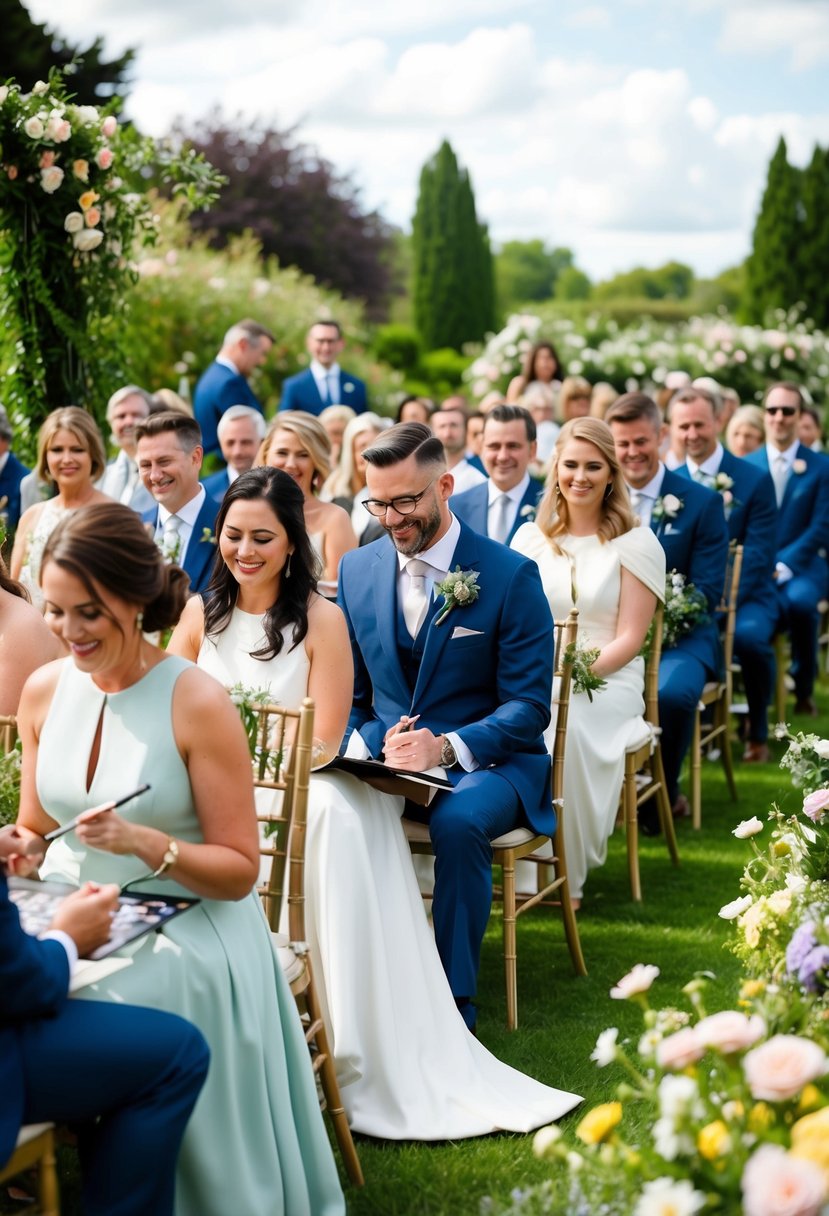 A joyful wedding ceremony with guests seated in a garden, surrounded by flowers and greenery, as an artist creates personalized keepsake drawings of each attendee