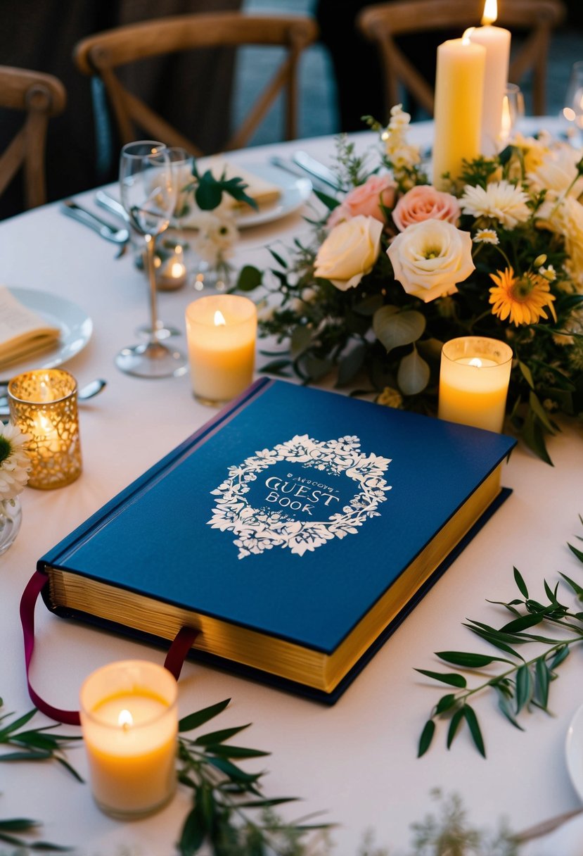 A beautifully decorated guest book sits on a table at a wedding ceremony, surrounded by flowers, candles, and other personalized decor