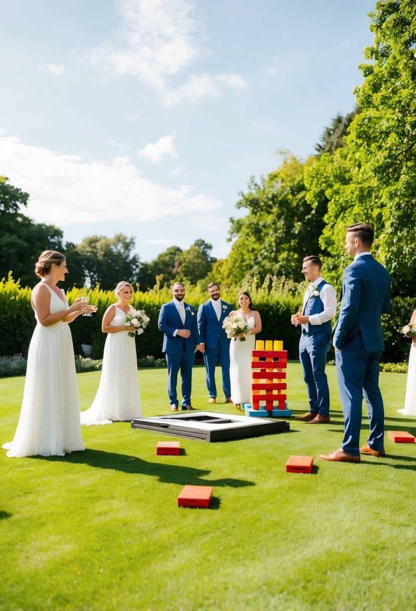 A sunny outdoor wedding with guests playing cornhole and giant Jenga on a lush green lawn