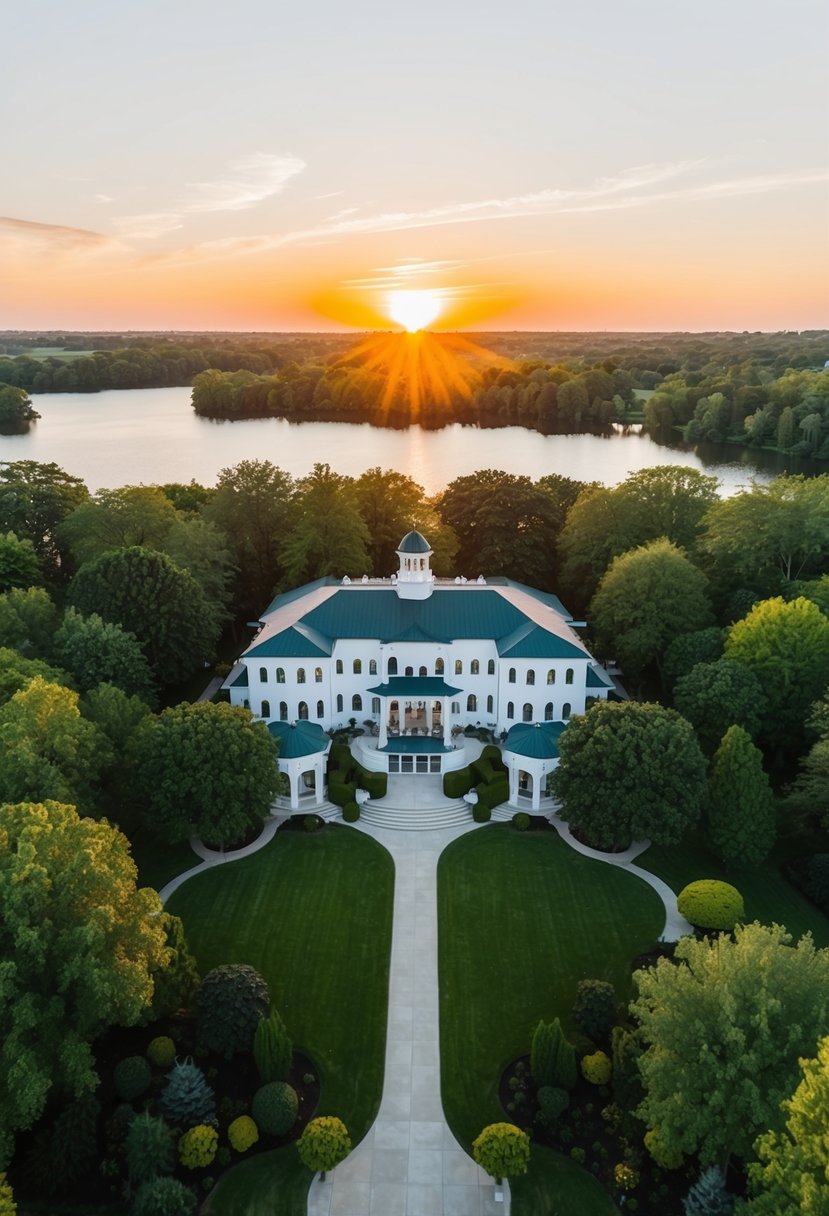 Aerial view of a grand wedding venue surrounded by lush greenery and a serene lake, with the sun setting in the background