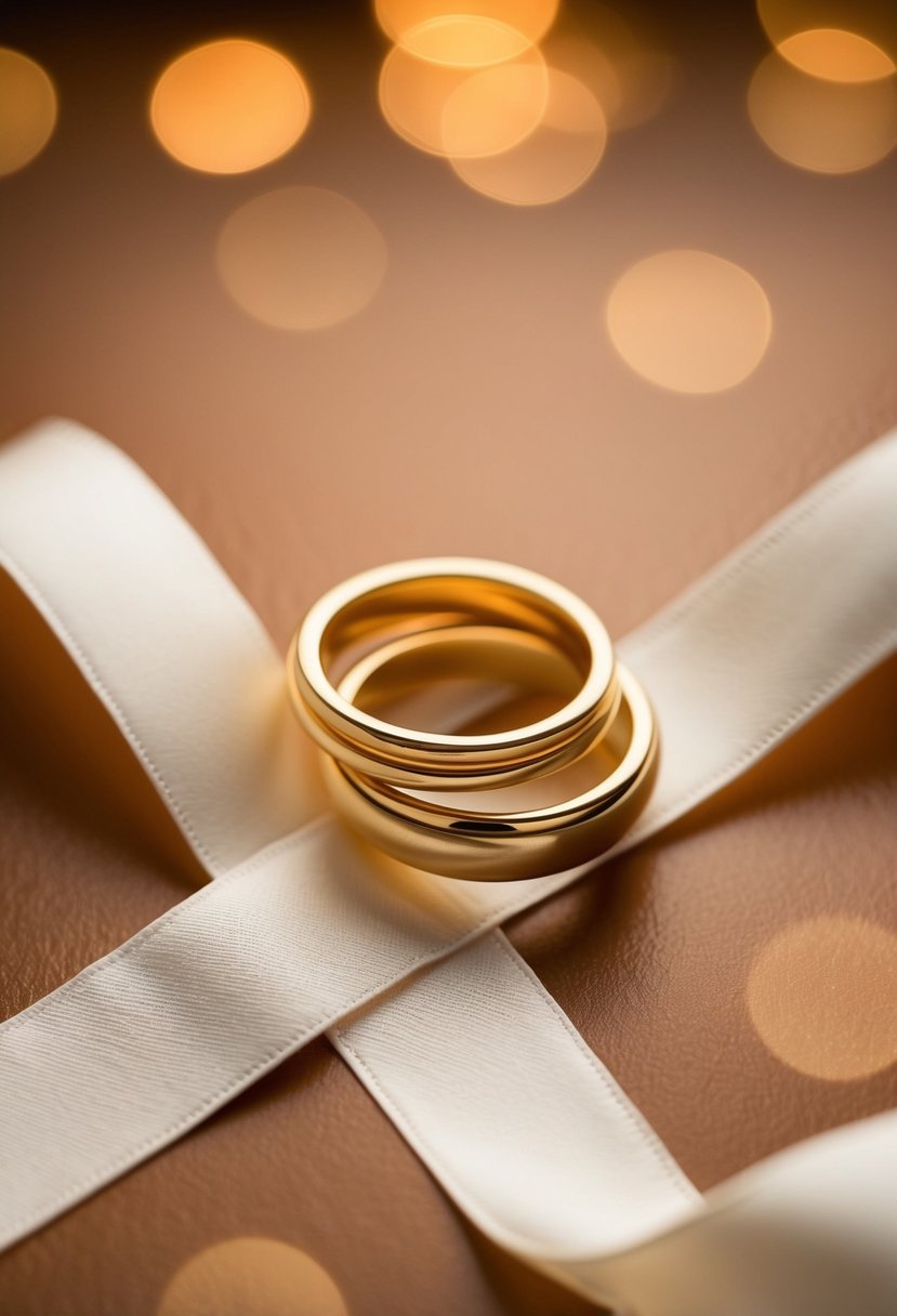 Golden rings intertwined with a satin ribbon, bathed in warm light