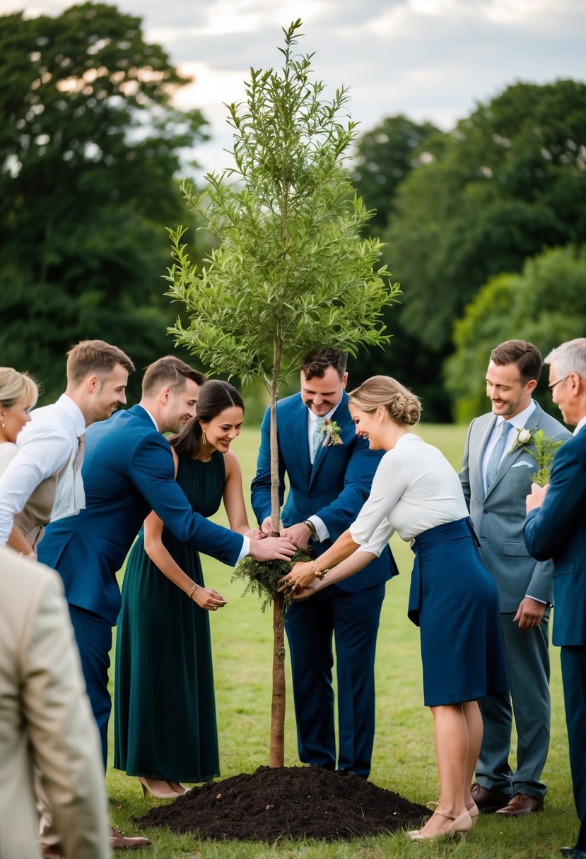 A group of people gather around a newlywed couple as they plant a tree together, symbolizing their unity and commitment to growth