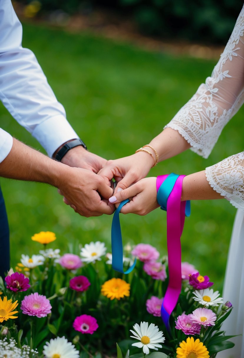 A couple standing in a circle of flowers, binding their hands together with a colorful ribbon as part of a handfasting ritual