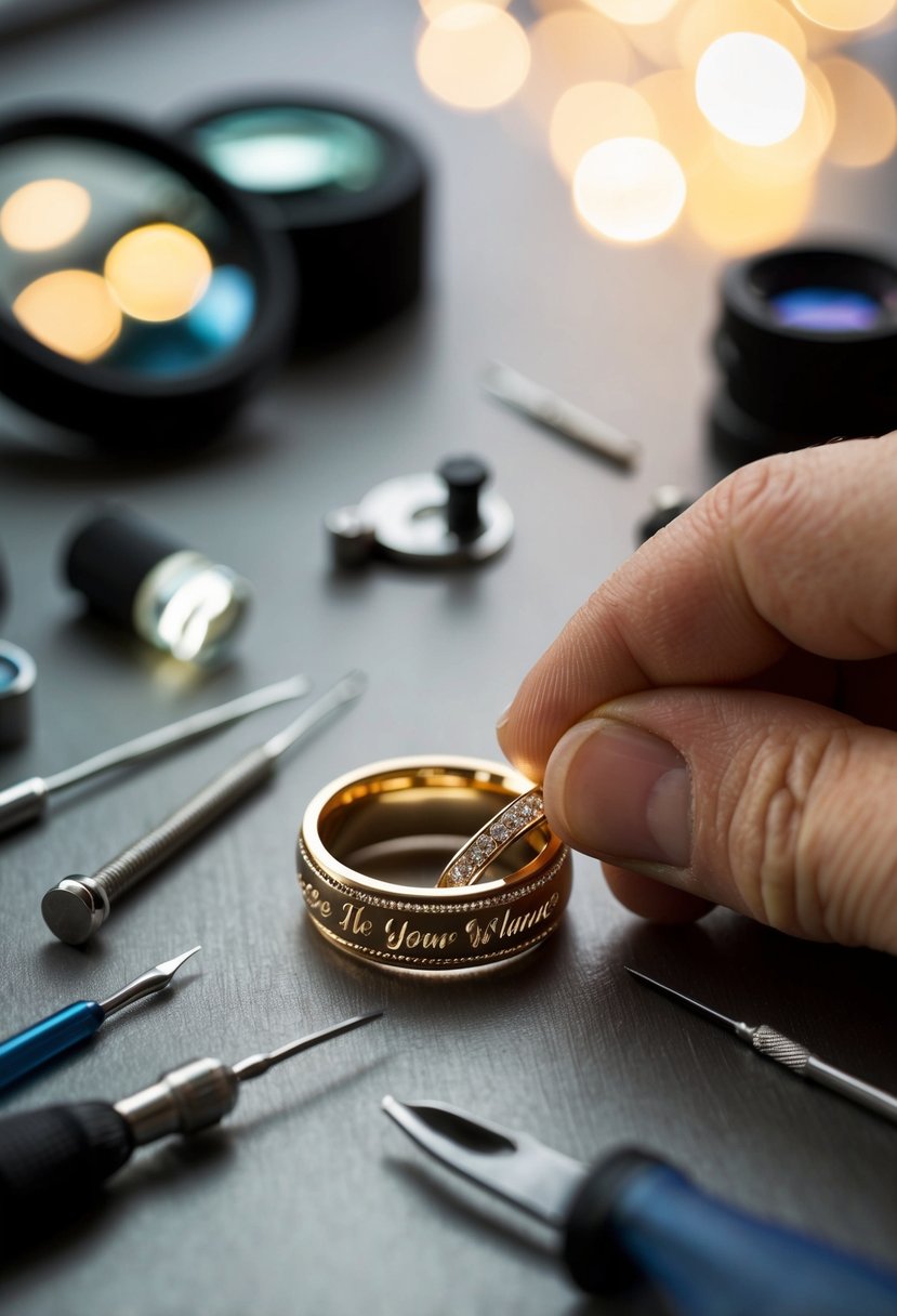 A close-up of a wedding ring being delicately engraved with a special message, surrounded by small tools and a magnifying glass