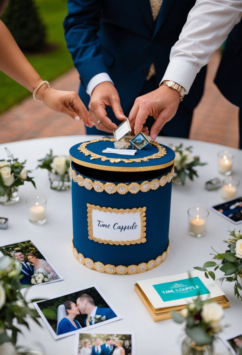 A decorated time capsule box sits on a table surrounded by wedding mementos and photos. A couple's hands add items to the box during a ceremony