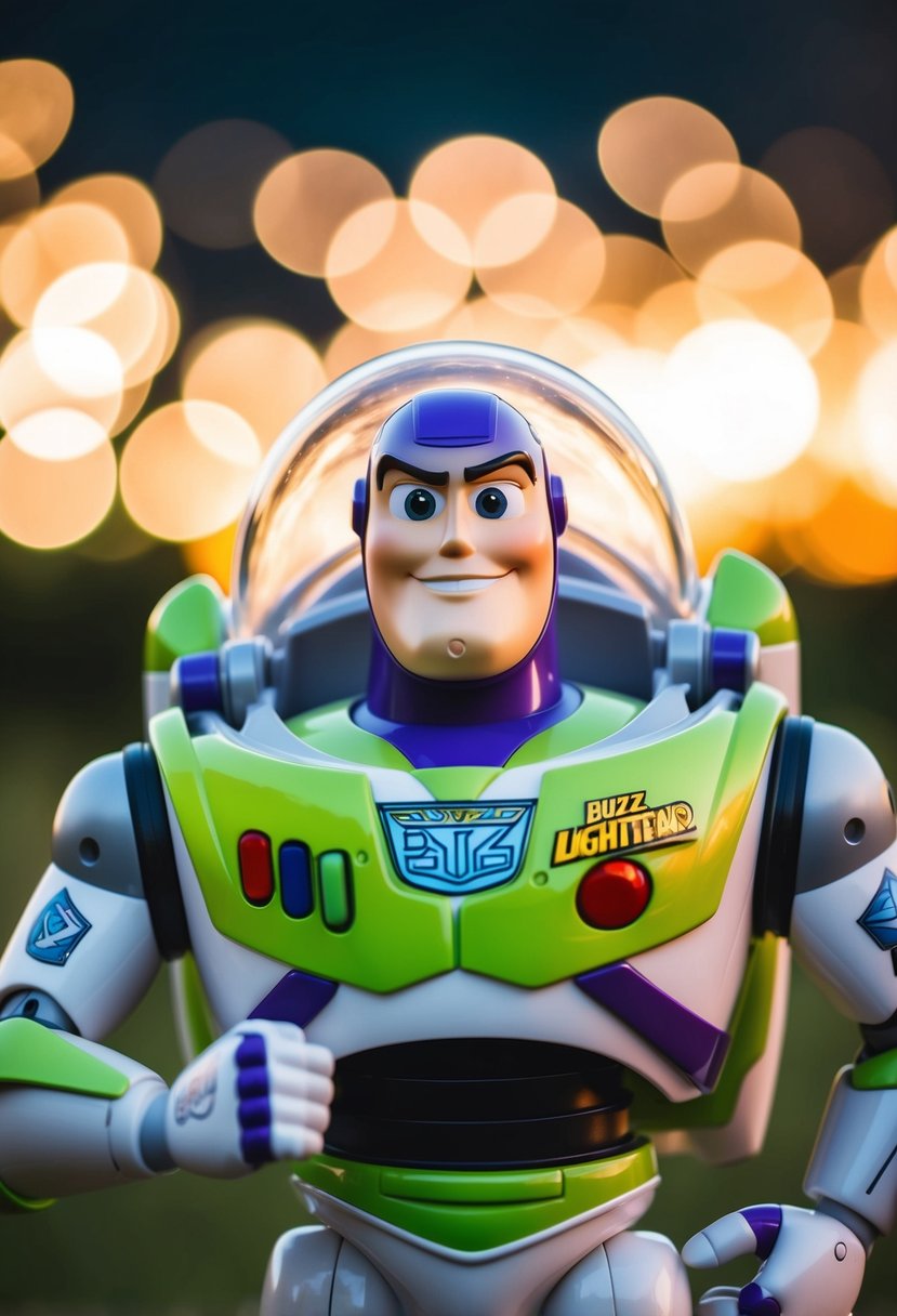 Buzz Lightyear's iconic helmet and wings juxtaposed with a wedding ring, symbolizing the adventurous spirit of love