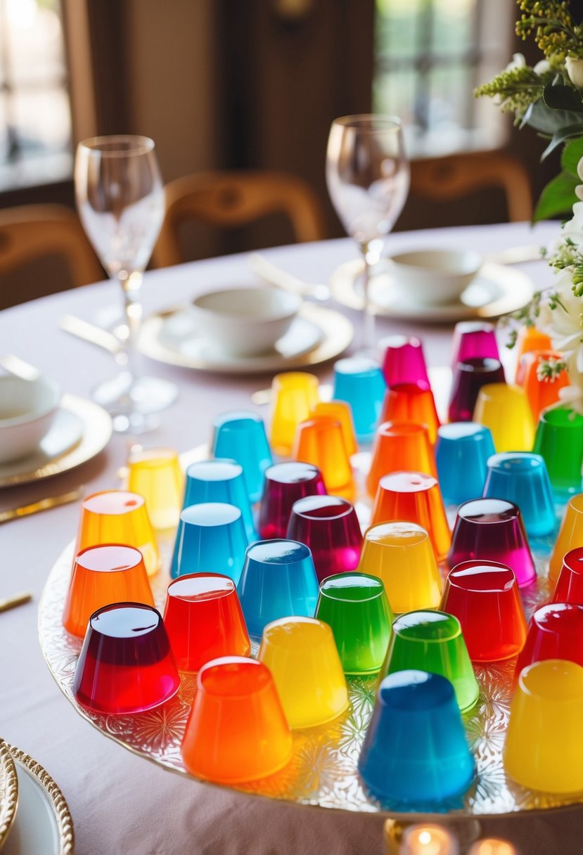 Colorful jello shots arranged in a decorative display on a festive table at a wedding ceremony