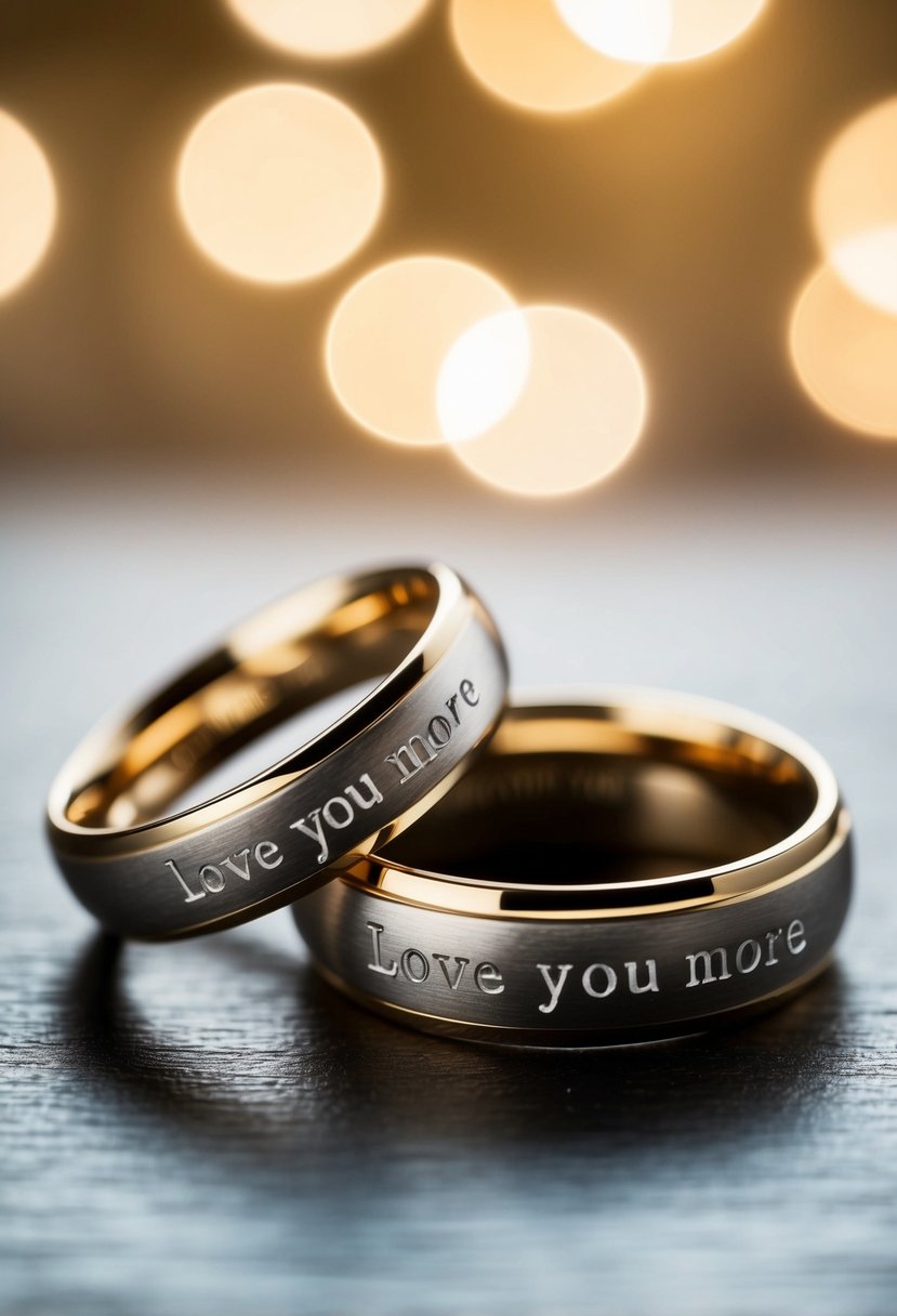 A close-up of two wedding rings intertwined, with the phrase "Love You More" engraved on the inside of one of the bands