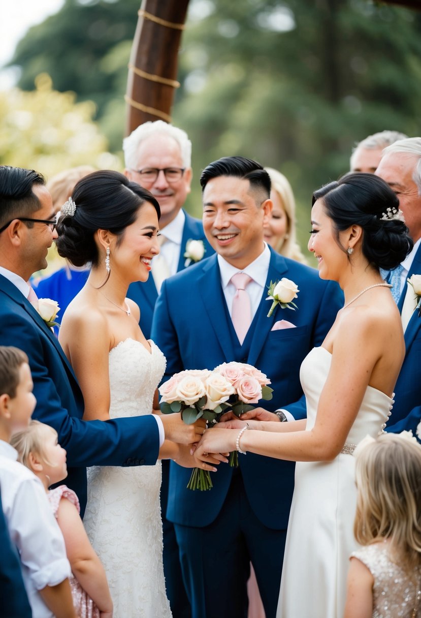 A bride and groom exchange roses in a traditional ceremony, surrounded by family and friends