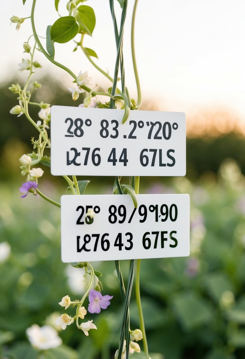 Two sets of coordinates intertwined with delicate vines and flowers, symbolizing the location of the couple's first kiss