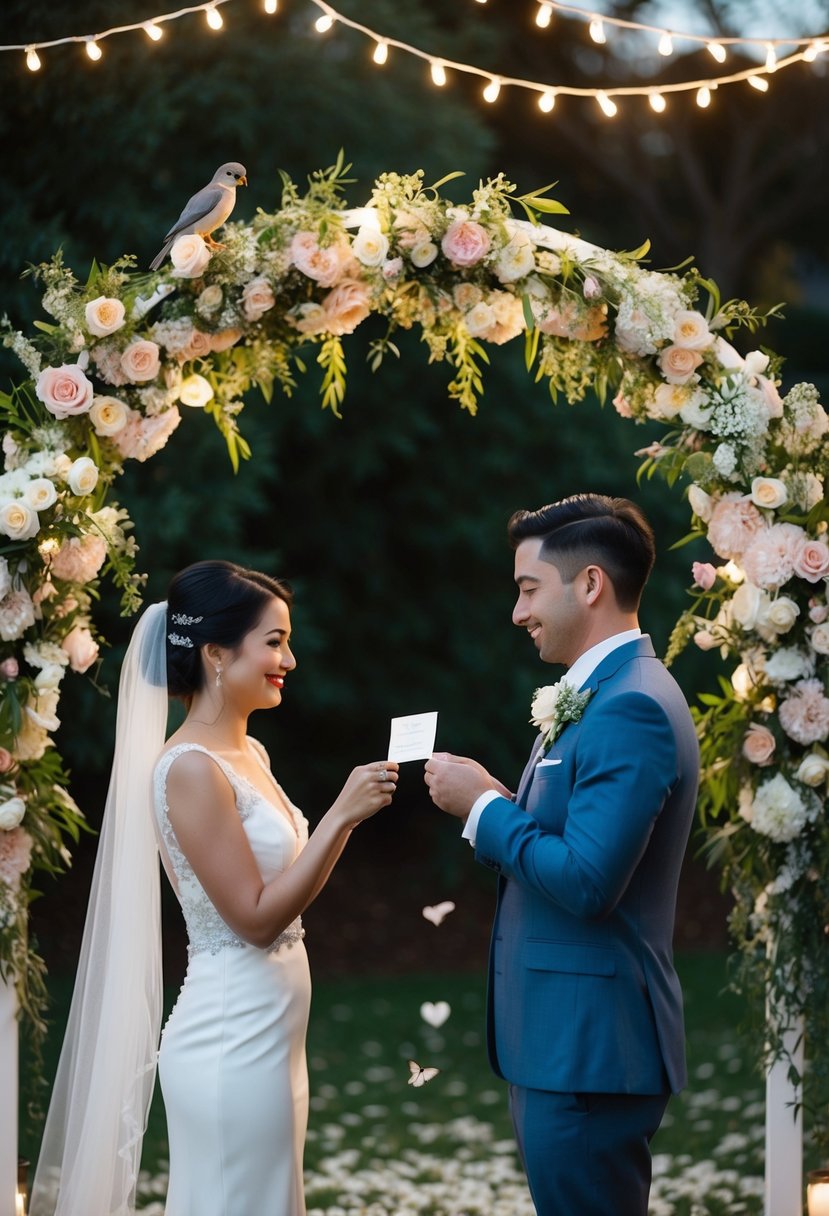 A pair of lovebirds exchanging vows under a floral arch, surrounded by twinkling lights and a scattering of petals