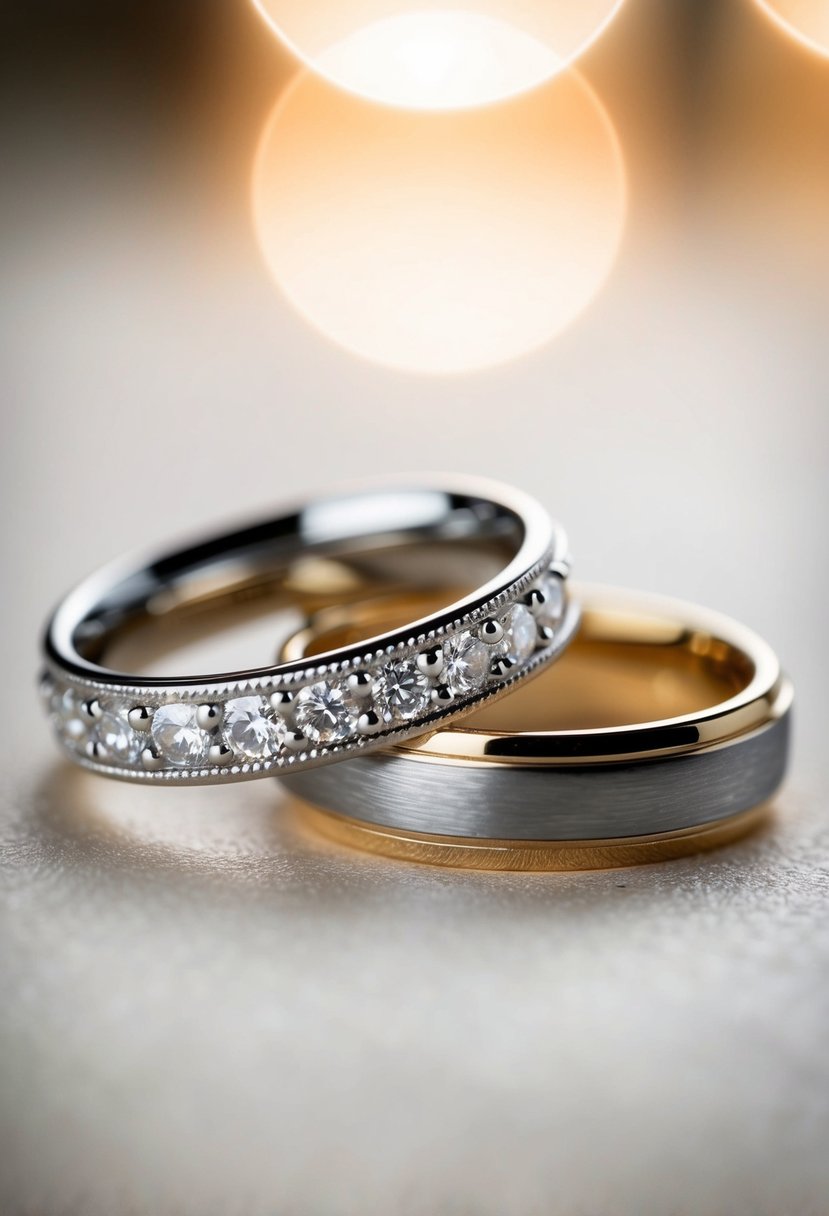 A close-up of two wedding rings interlocked, with intricate details and a soft, romantic lighting to convey the sentiment of a "Perfect Fit."