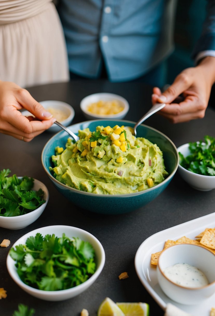 A bowl of guacamole sits on a table, surrounded by two smaller bowls of ingredients. A couple stands beside it, each holding a spoon