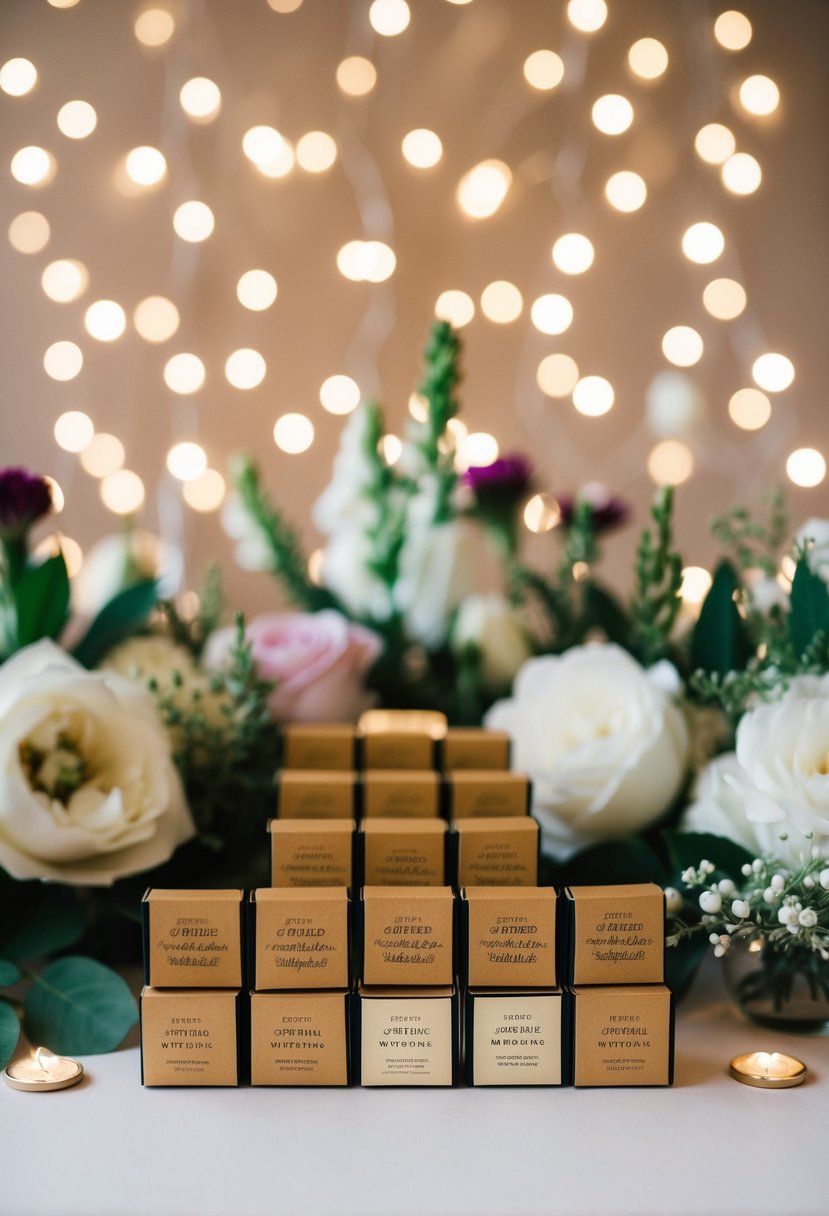 A table with personalized wedding matchboxes, surrounded by floral decorations and twinkling lights