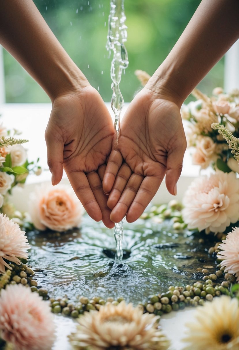 A pair of hands under a running stream of water, surrounded by delicate floral arrangements and decorative elements