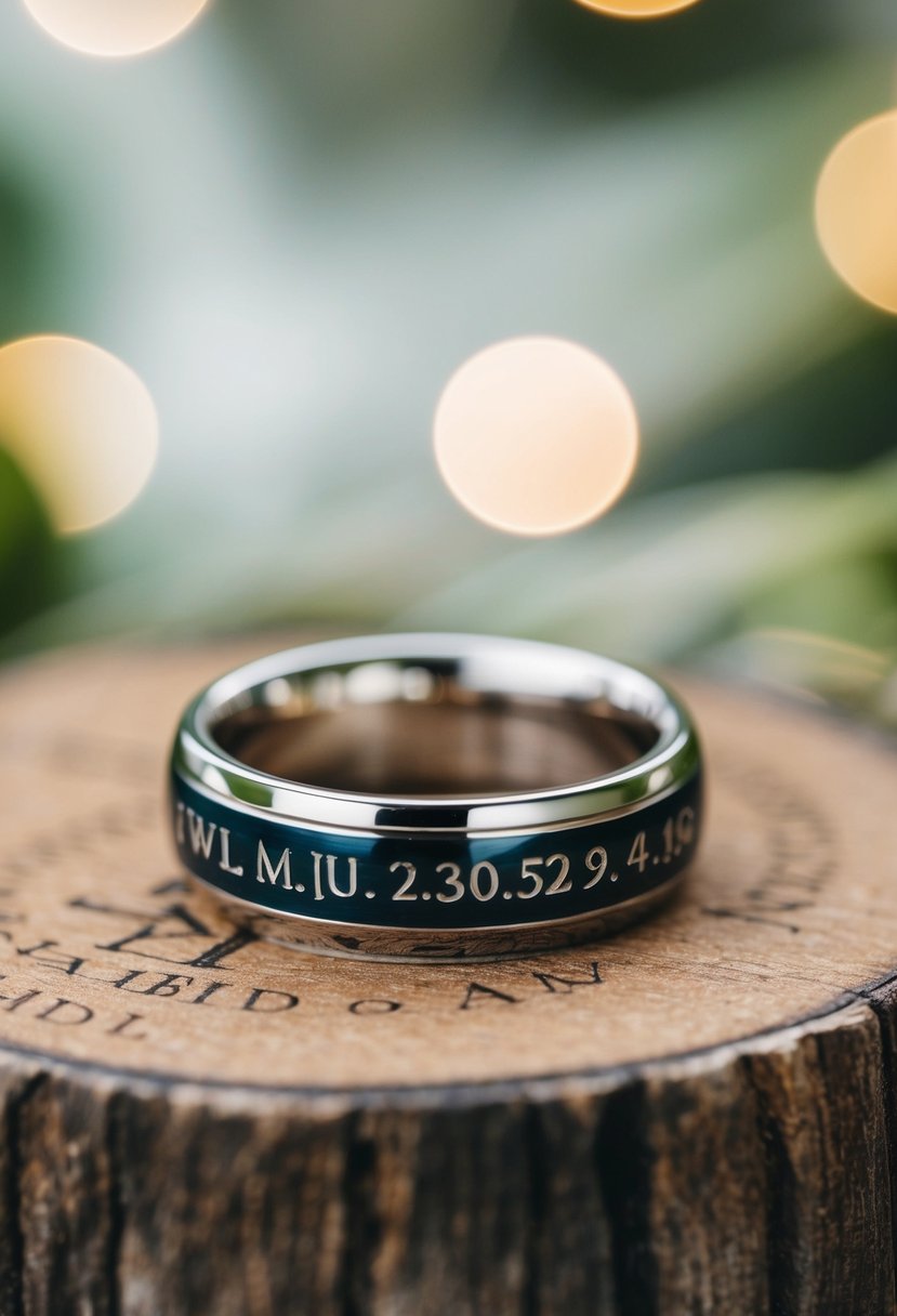 A close-up of a wedding ring with engraved initials and a date