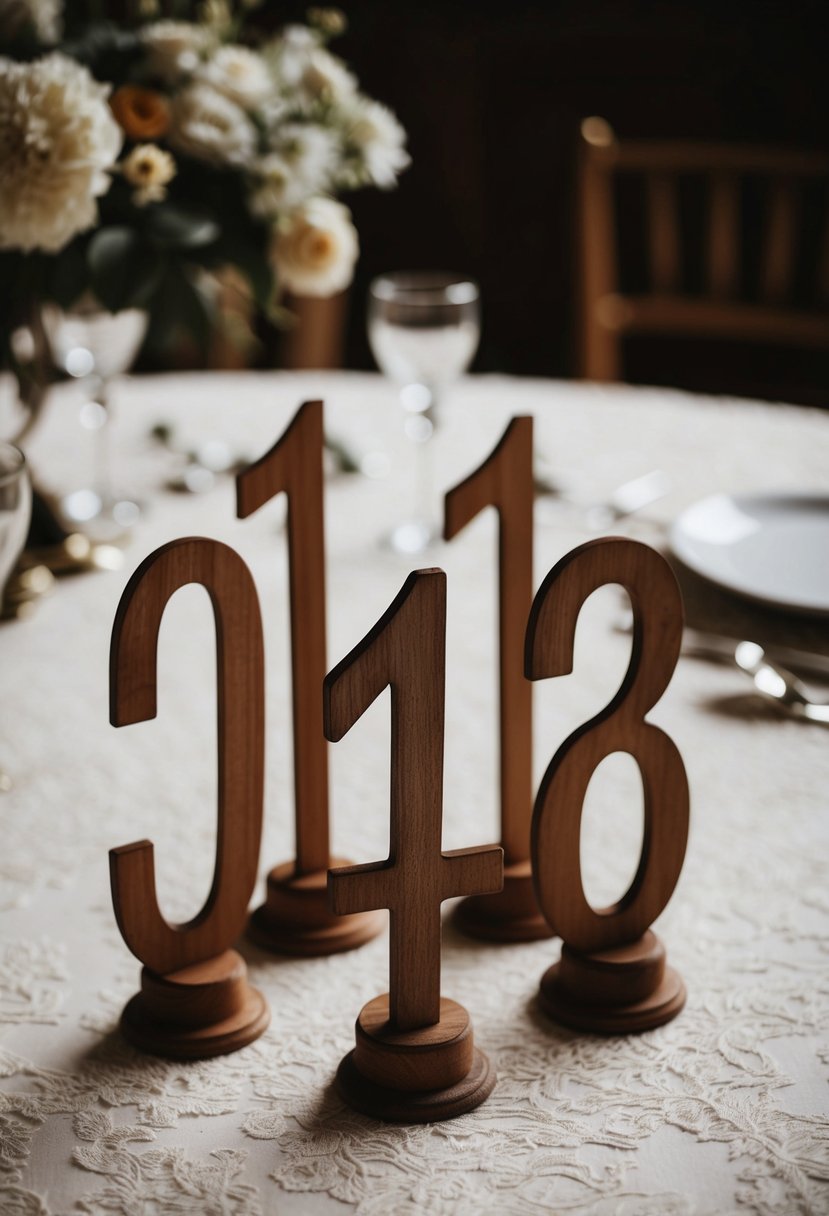 A set of rustic wooden table numbers arranged on a vintage table