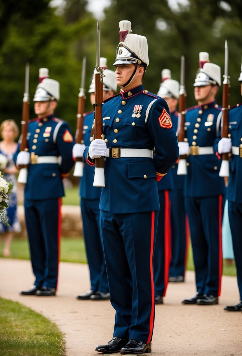 An honor guard stands in formation, creating a passage for a wedding ceremony