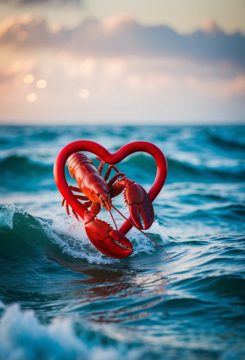 A lobster and a heart intertwined, surrounded by ocean waves