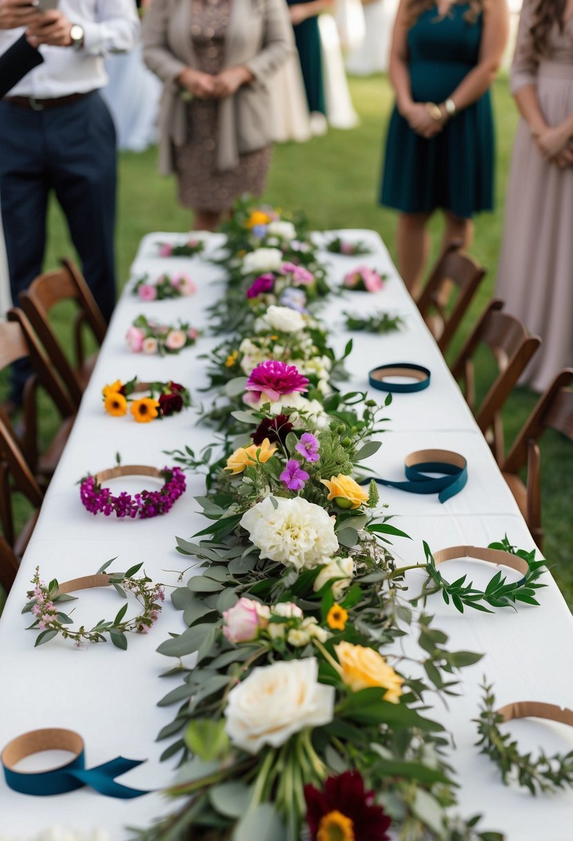 A table with various flowers, ribbons, and foliage arranged for guests to create their own flower crowns at a wedding