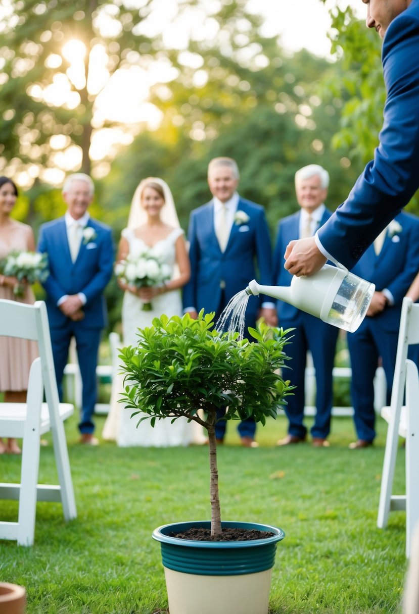 A family tree plant being watered in a serene garden during a wedding ceremony