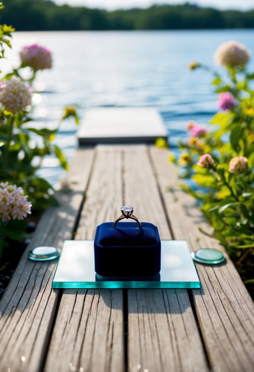 A serene lakeside setting with a wooden dock, surrounded by lush greenery and blooming flowers, with a sparkling engagement ring displayed on a small table