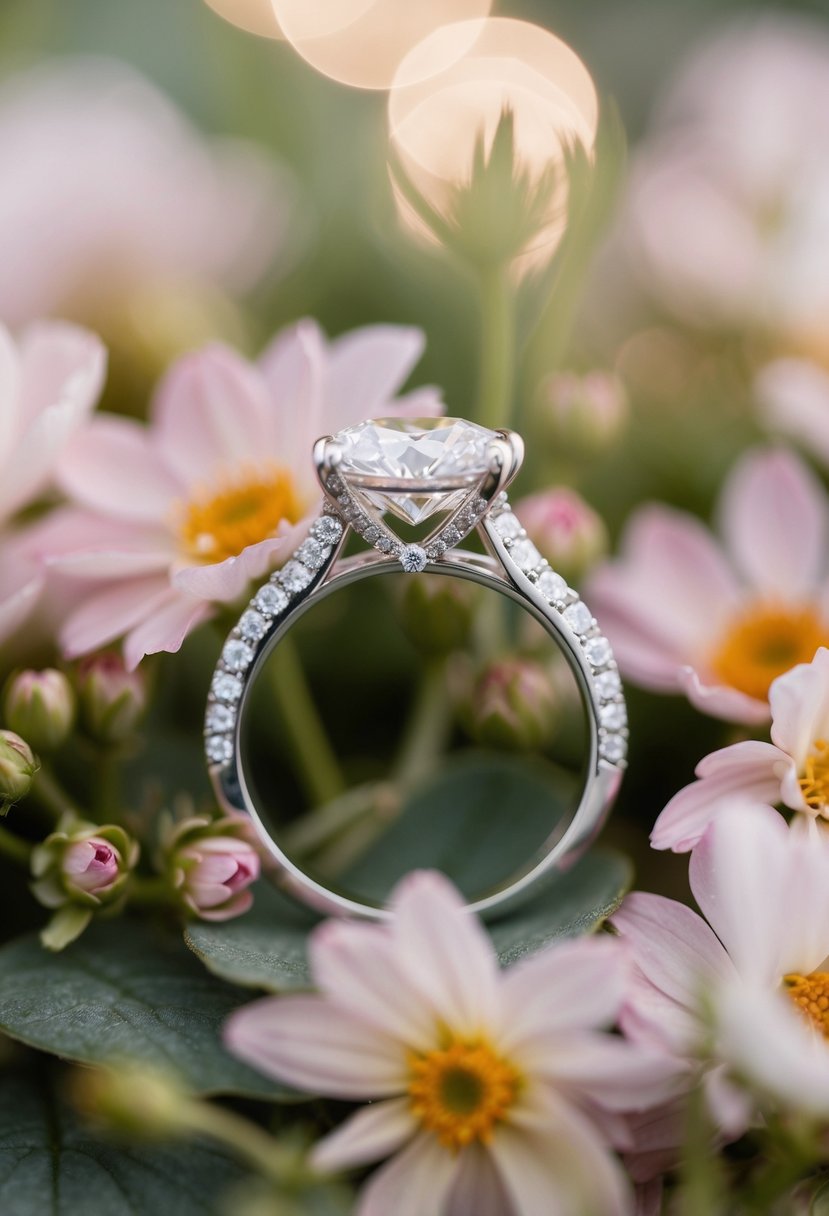 A sparkling diamond wedding ring surrounded by delicate flowers and a soft, romantic lighting