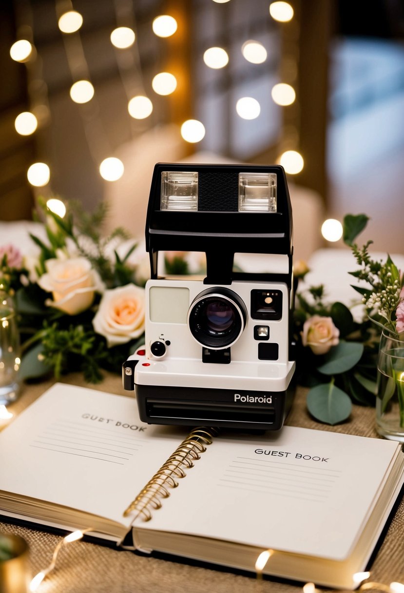 A vintage Polaroid camera sits on a decorated table with blank guest book pages, surrounded by fairy lights and floral arrangements