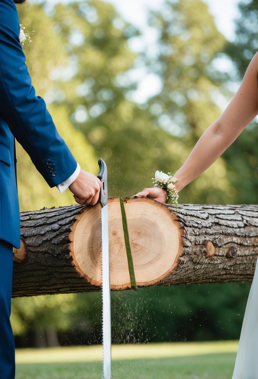 A large log being sawed in half by a couple, symbolizing unity and teamwork in a wedding ceremony