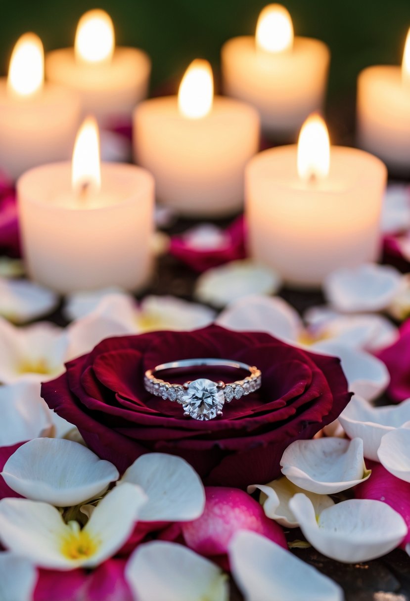 A wedding ring resting on a bed of rose petals, surrounded by flickering candlelight