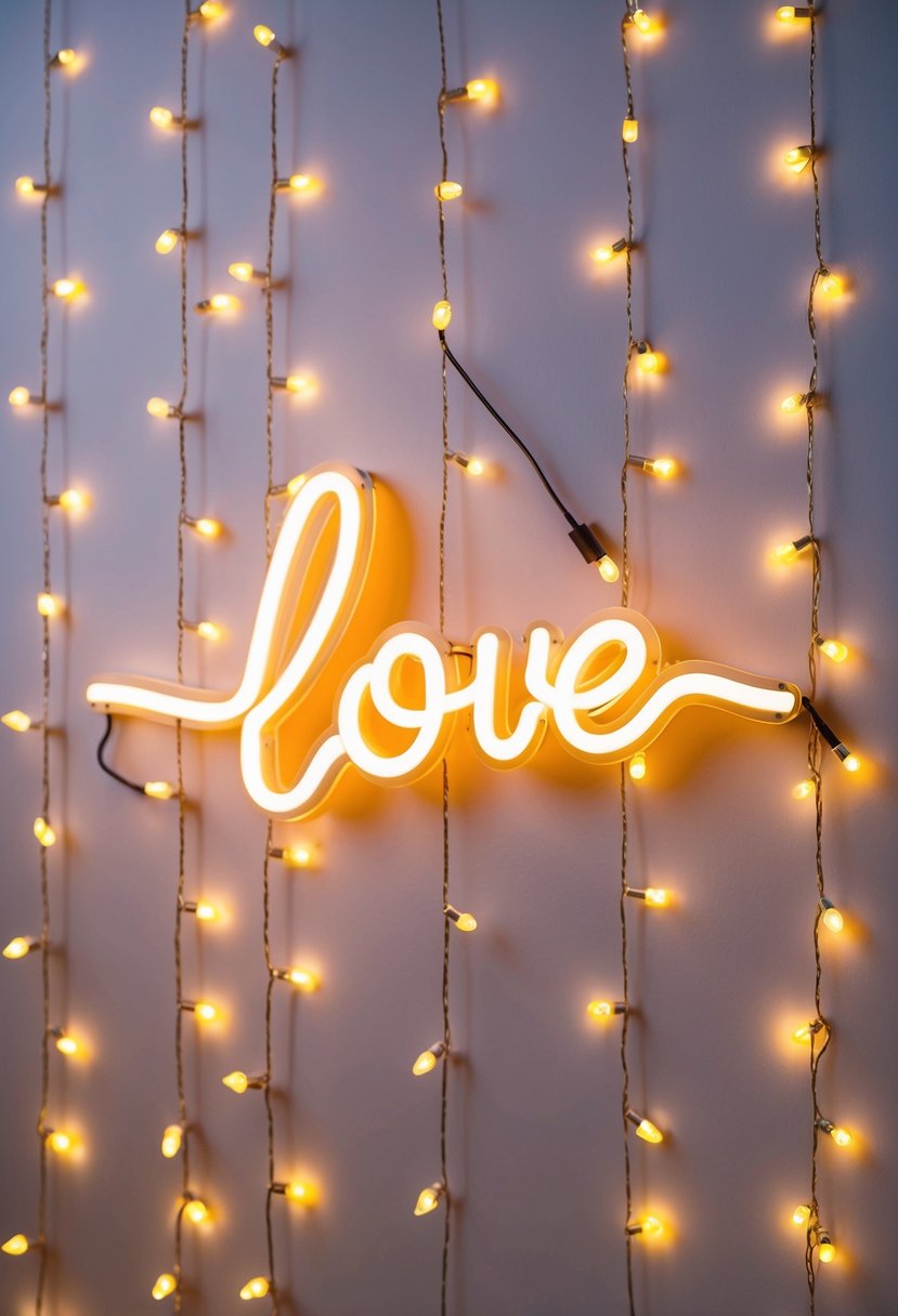 A custom neon sign with a love phrase glows against a backdrop of twinkling fairy lights, creating a romantic and whimsical atmosphere for a wedding celebration