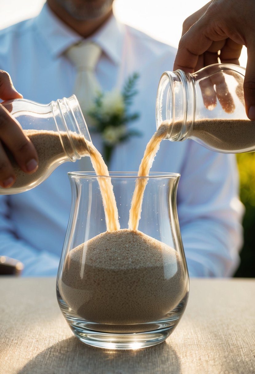 A glass vessel filled with sand from two separate containers, pouring together into one, symbolizing the unity of two individuals in a wedding ceremony