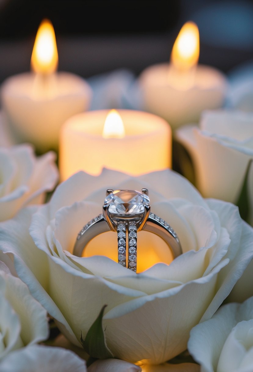 A wedding ring resting on a bed of fresh white rose petals, illuminated by soft candlelight