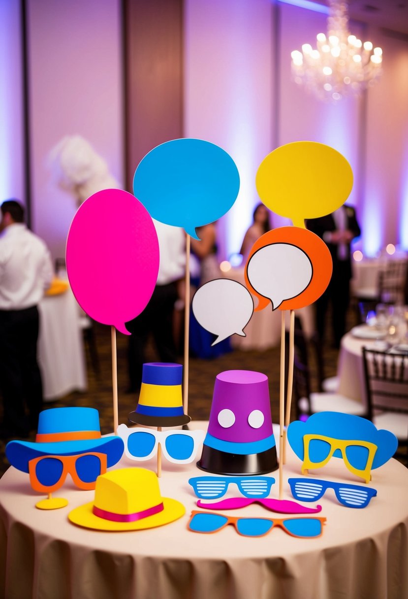 Colorful, oversized photo booth props arranged on a table at a wedding reception, including whimsical hats, glasses, and speech bubbles