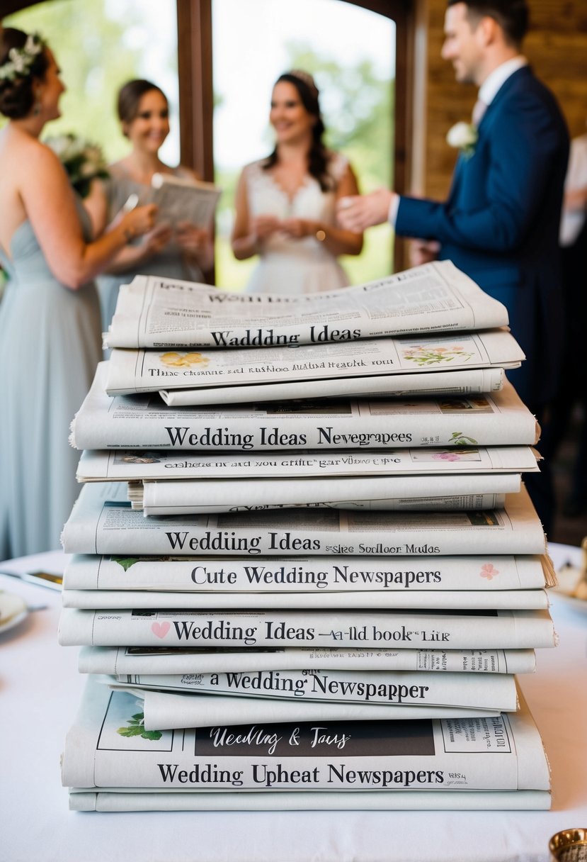 A stack of wedding newspapers with cute illustrations and wedding ideas displayed on a table for guests to pick up