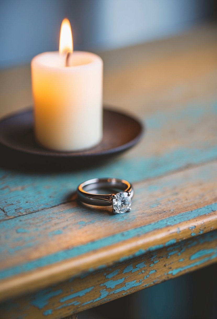 A lone wedding ring resting on a weathered wooden table, bathed in soft candlelight