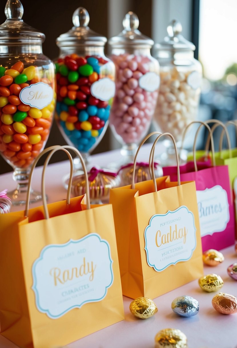 A colorful candy buffet with personalized bags for a wedding