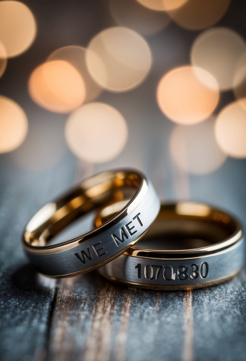 A close-up of two wedding rings intertwined, with the date "We Met" engraved on one of them