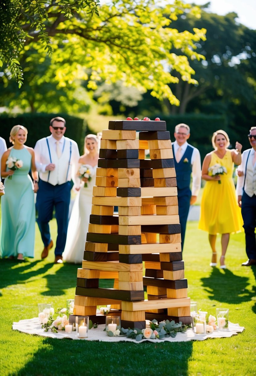 A sunny outdoor wedding with a giant Jenga game set up on a well-manicured lawn, surrounded by cheerful guests enjoying the festive atmosphere