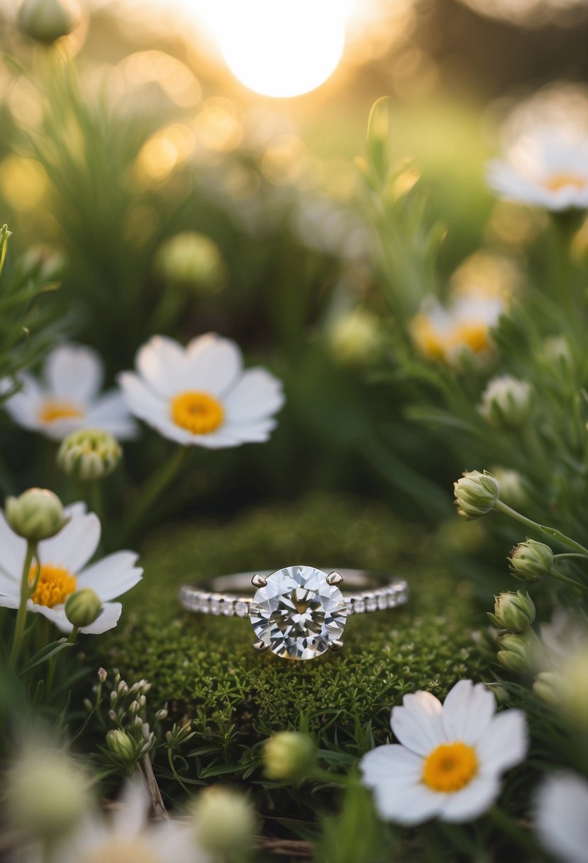 A sparkling diamond ring nestled in a bed of delicate flowers and greenery, with soft sunlight casting a warm glow over the scene