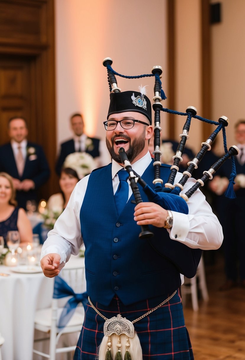 A joyful surprise bagpipe performance at a wedding reception