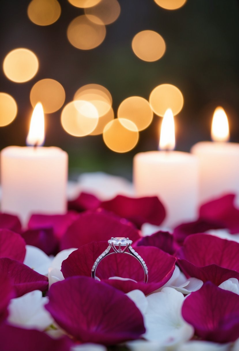 A wedding ring resting on a bed of rose petals, surrounded by flickering candlelight