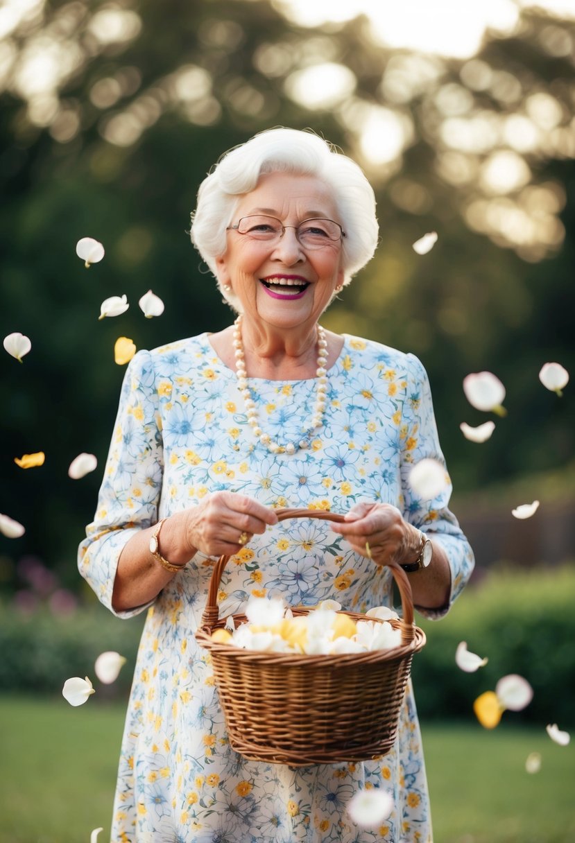 A senior citizen in a flowery dress, holding a basket of petals, with a joyful expression